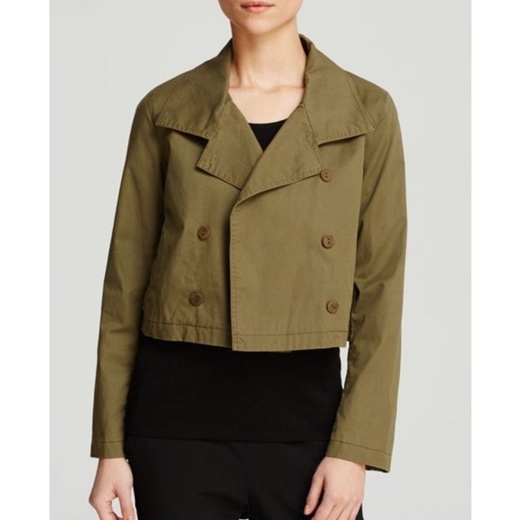 Eileen Fisher High Collar Double Breasted Short Jacket M Green - Picture 3 of 8